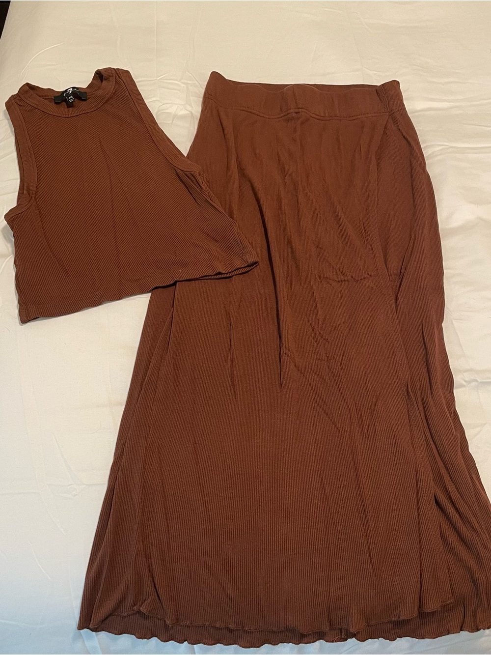 7 For All Mankind Brown Ribbed Skirt with Slit and Tank Set, Sz XS